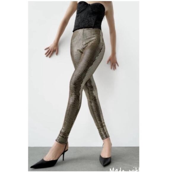 Zara Sparkly Gold Leggings Pants Size Extra Small XS - Picture 1 of 6